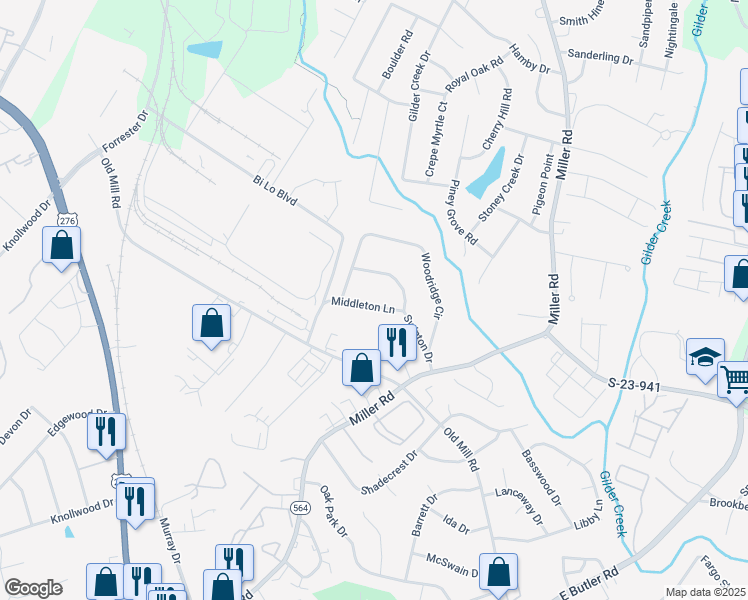 map of restaurants, bars, coffee shops, grocery stores, and more near 102 Middleton Lane in Greenville