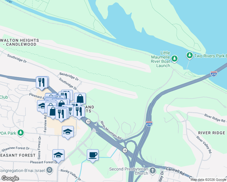 map of restaurants, bars, coffee shops, grocery stores, and more near 10863 Bainbridge Drive in Little Rock