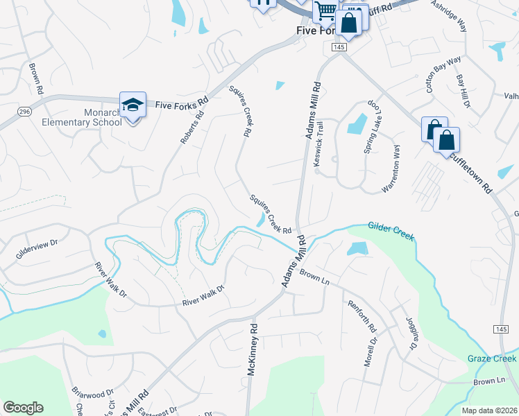 map of restaurants, bars, coffee shops, grocery stores, and more near 121 Squires Creek Road in Simpsonville
