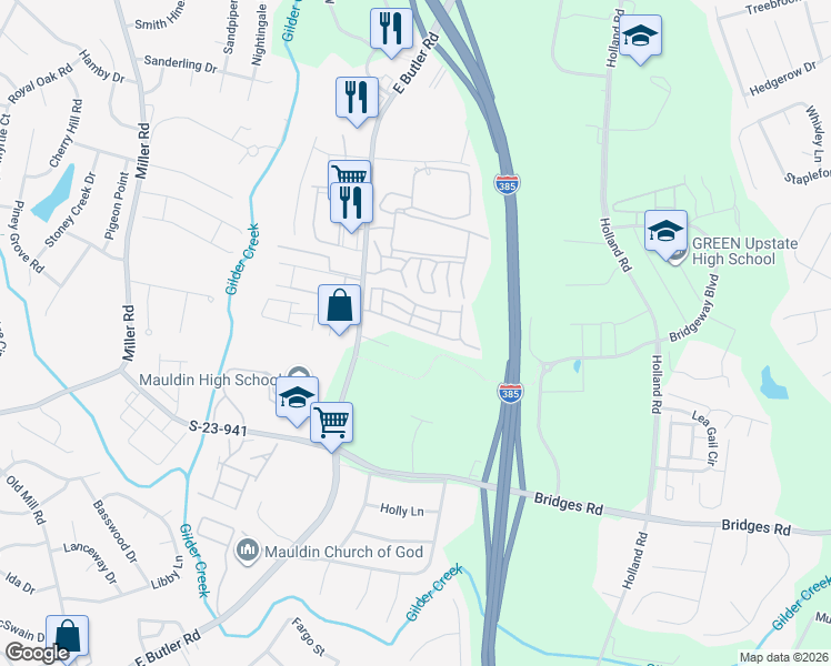 map of restaurants, bars, coffee shops, grocery stores, and more near 238 Hadley Commons Drive in Mauldin