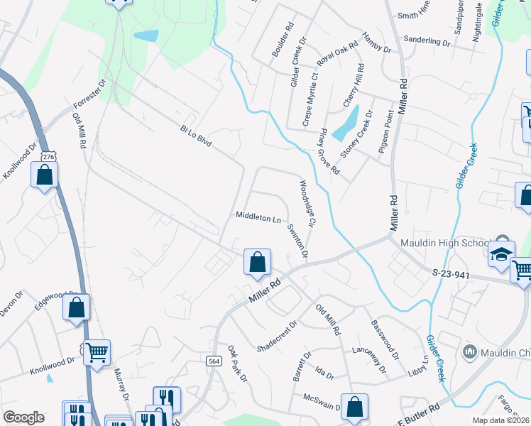 map of restaurants, bars, coffee shops, grocery stores, and more near 102 Middleton Lane in Greenville
