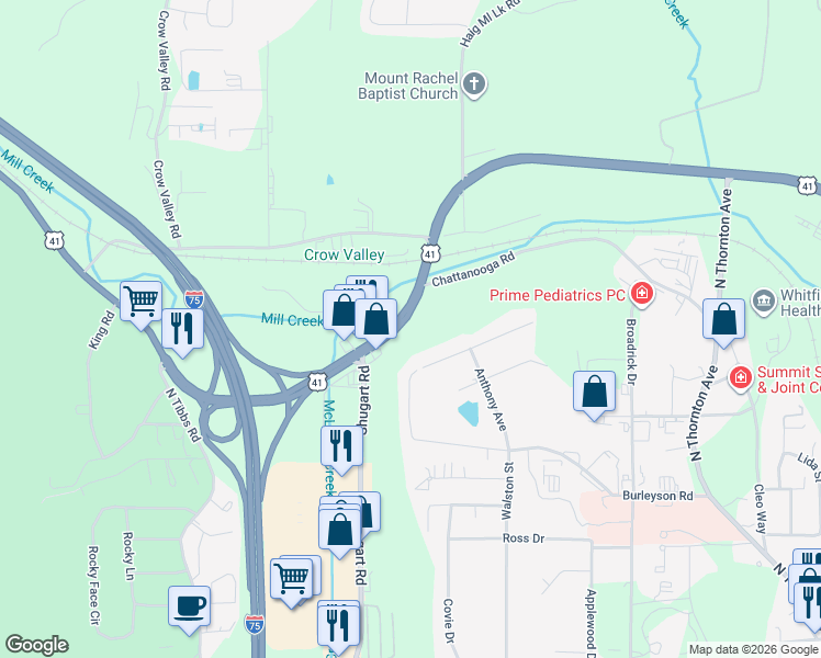 map of restaurants, bars, coffee shops, grocery stores, and more near 1531 Thornebrooke Circle in Dalton
