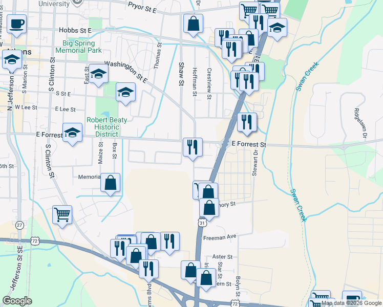 map of restaurants, bars, coffee shops, grocery stores, and more near 1102 Winston Drive in Athens
