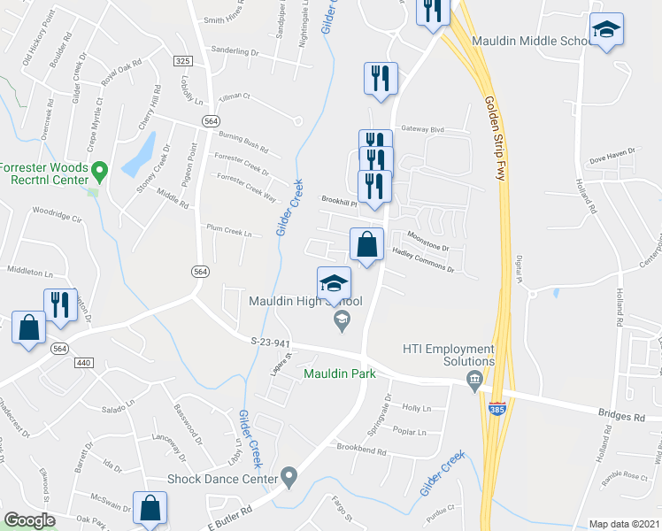 map of restaurants, bars, coffee shops, grocery stores, and more near 502 Canewood Place in Mauldin