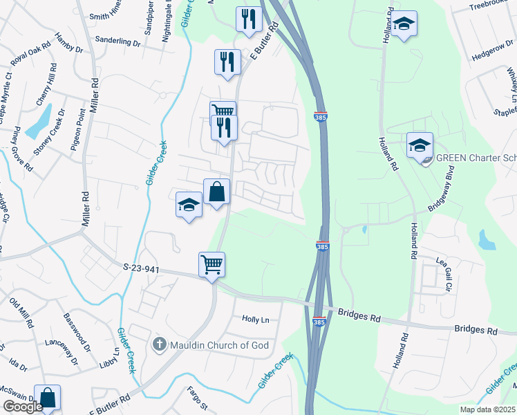 map of restaurants, bars, coffee shops, grocery stores, and more near 232 Hadley Commons Drive in Mauldin