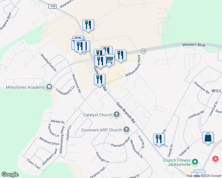 map of restaurants, bars, coffee shops, grocery stores, and more near 293 Williamsburg Parkway in Jacksonville