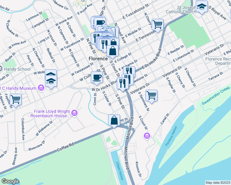 map of restaurants, bars, coffee shops, grocery stores, and more near 500 South Pine Street in Florence