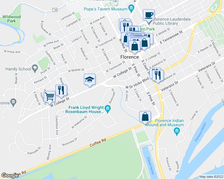 map of restaurants, bars, coffee shops, grocery stores, and more near 502 Riverview Drive in Florence
