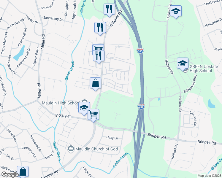 map of restaurants, bars, coffee shops, grocery stores, and more near 238 Hadley Commons Drive in Mauldin