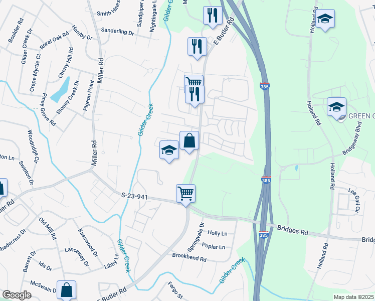map of restaurants, bars, coffee shops, grocery stores, and more near 741 East Butler Road in Mauldin