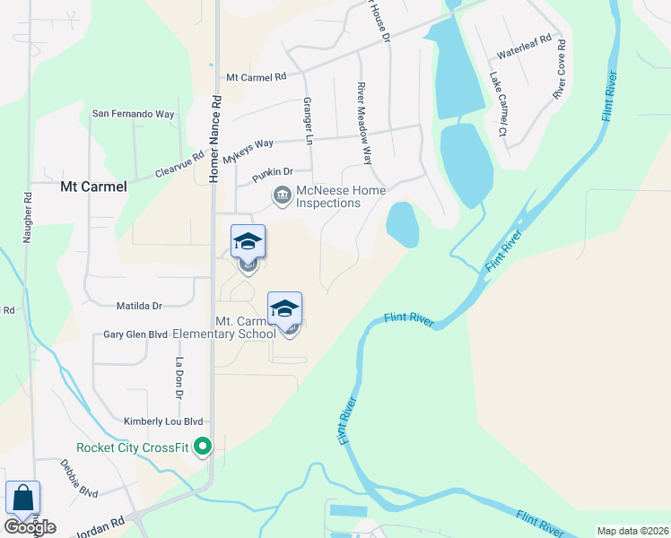 map of restaurants, bars, coffee shops, grocery stores, and more near River Mill Road in Huntsville