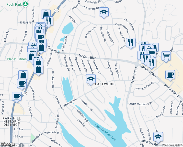 map of restaurants, bars, coffee shops, grocery stores, and more near 4435 Rosemont Drive in North Little Rock