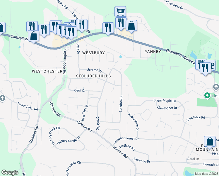 map of restaurants, bars, coffee shops, grocery stores, and more near 9 Shepard Hills Court in Little Rock