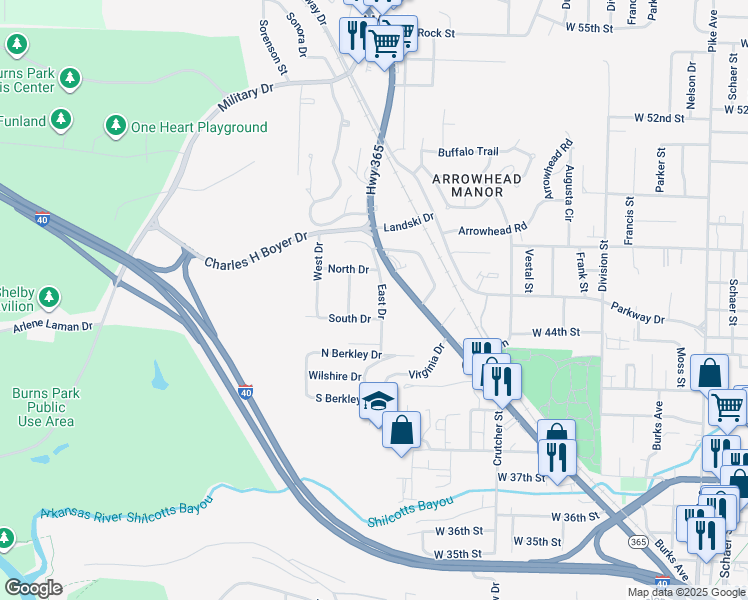 map of restaurants, bars, coffee shops, grocery stores, and more near 4401 East Drive in North Little Rock