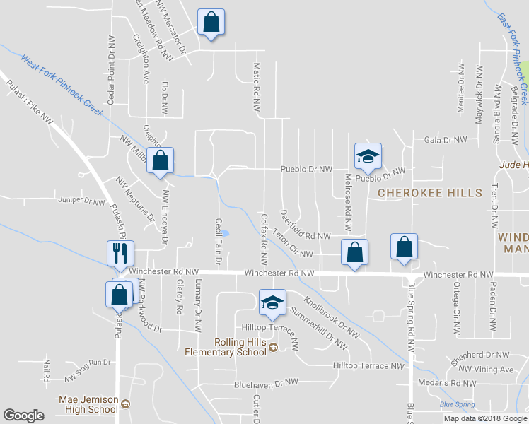 map of restaurants, bars, coffee shops, grocery stores, and more near 6098 Colfax Avenue Northwest in Huntsville