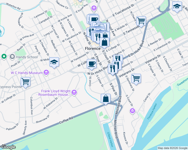 map of restaurants, bars, coffee shops, grocery stores, and more near 422 South Cedar Street in Florence