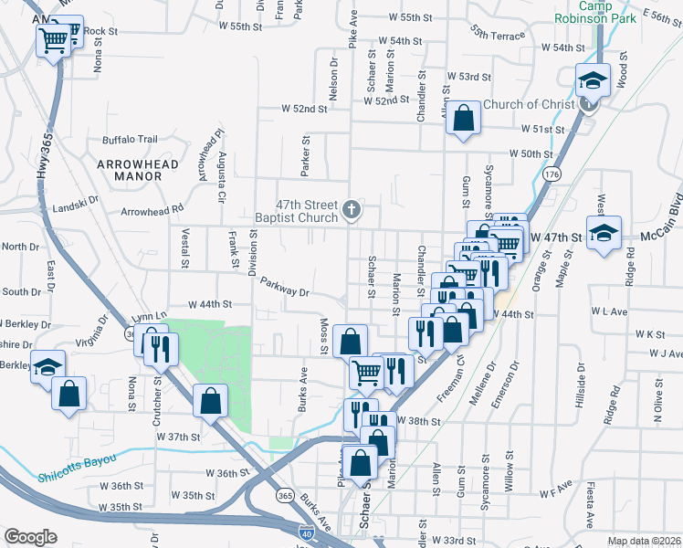 map of restaurants, bars, coffee shops, grocery stores, and more near 1201 Parkway Drive in North Little Rock