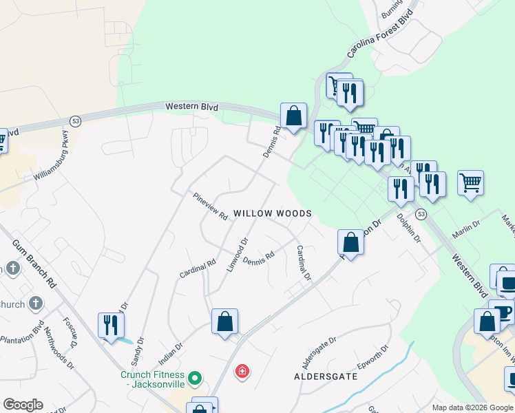 map of restaurants, bars, coffee shops, grocery stores, and more near 315-399 Linwood Drive in Jacksonville