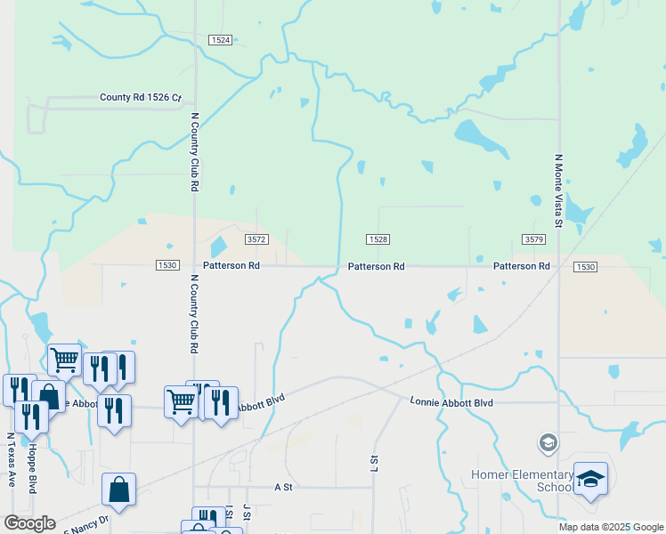 map of restaurants, bars, coffee shops, grocery stores, and more near Patterson Rd in Ada