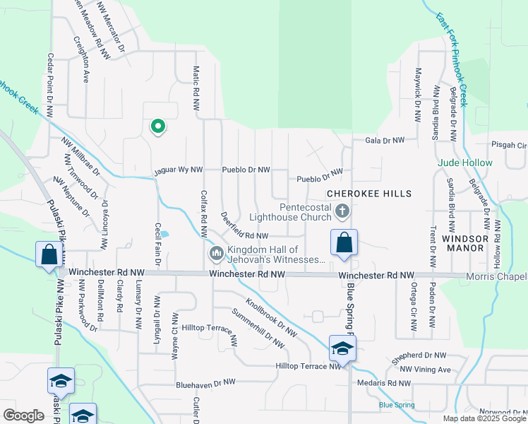 map of restaurants, bars, coffee shops, grocery stores, and more near 6104 Valley Park Drive Northwest in Huntsville