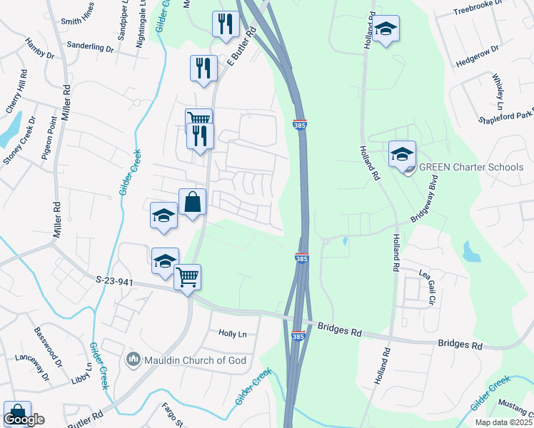 map of restaurants, bars, coffee shops, grocery stores, and more near 1316 Alexandrite Lane in Mauldin
