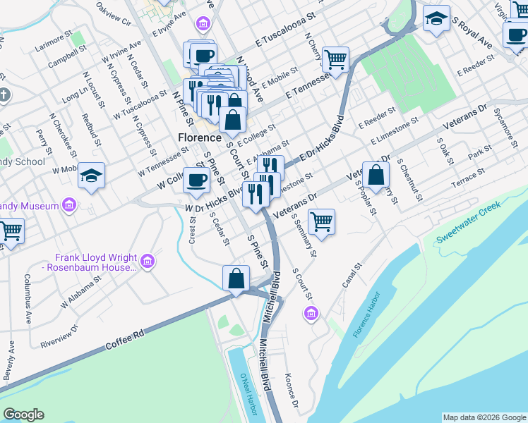 map of restaurants, bars, coffee shops, grocery stores, and more near North Court Street in Florence