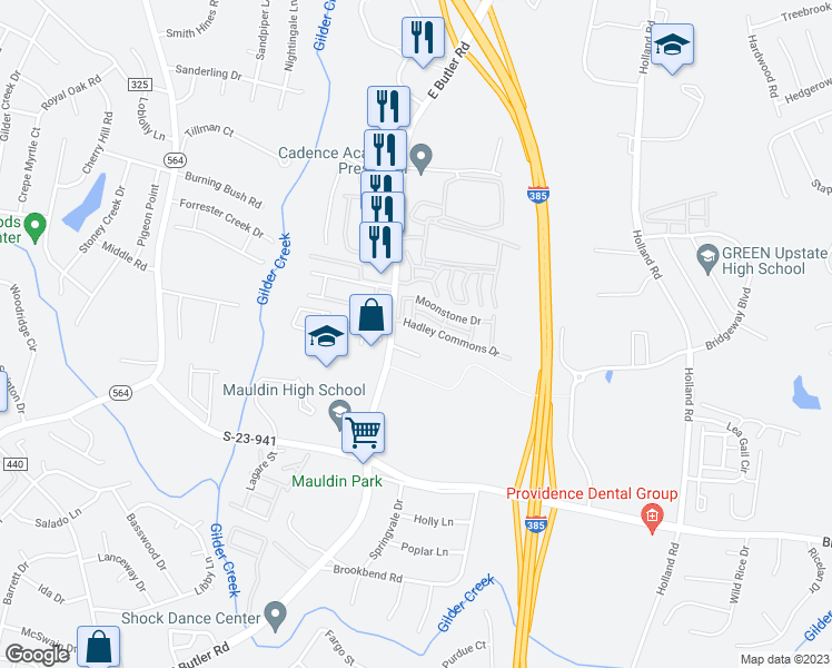 map of restaurants, bars, coffee shops, grocery stores, and more near 212 Hadley Commons Drive in Mauldin