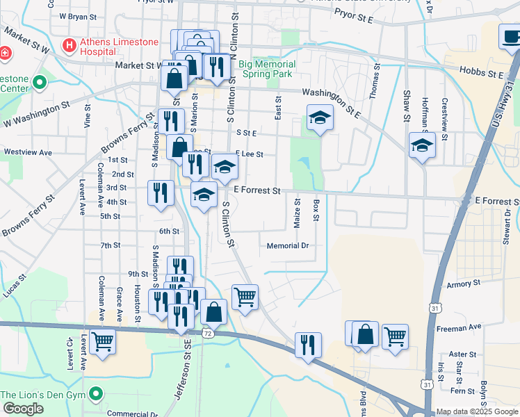 map of restaurants, bars, coffee shops, grocery stores, and more near 601 South Clinton Street in Athens