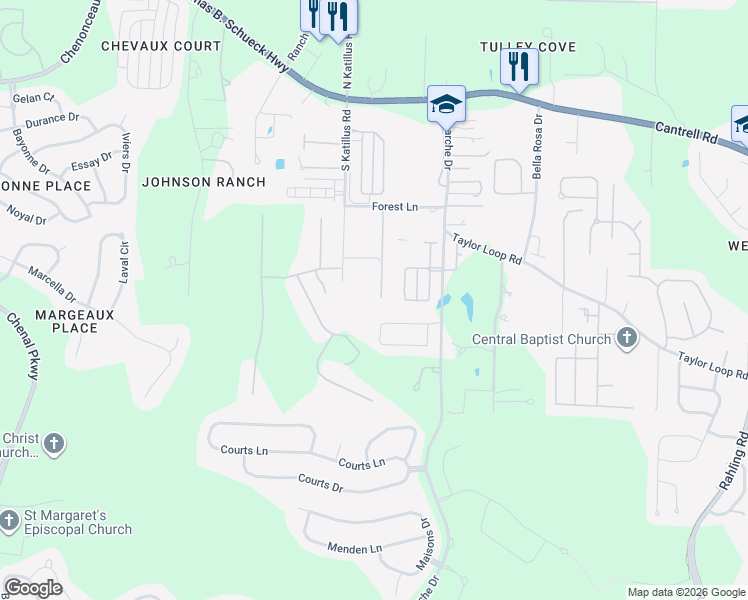 map of restaurants, bars, coffee shops, grocery stores, and more near 46 Forest Valley Lane in Little Rock