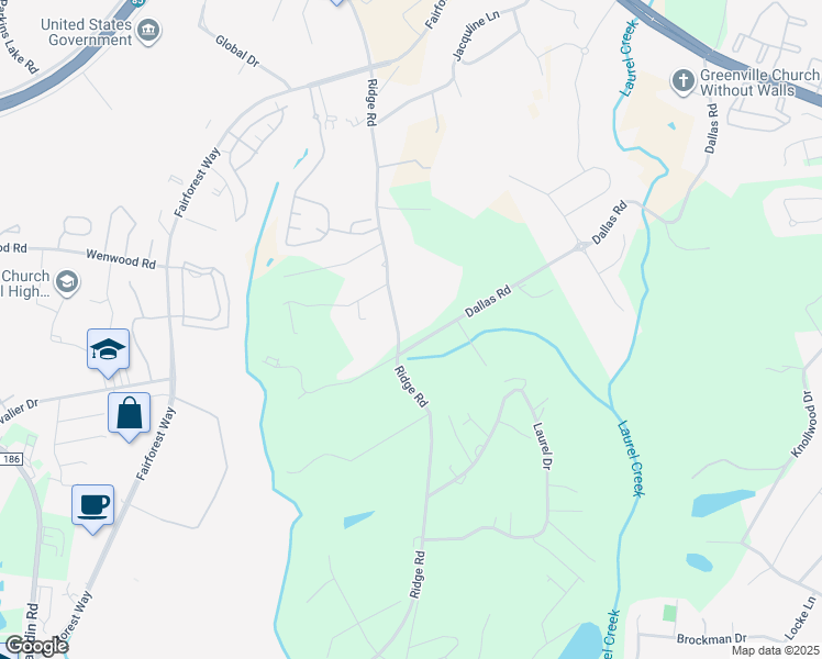 map of restaurants, bars, coffee shops, grocery stores, and more near 1501 Ridge Road in Greenville