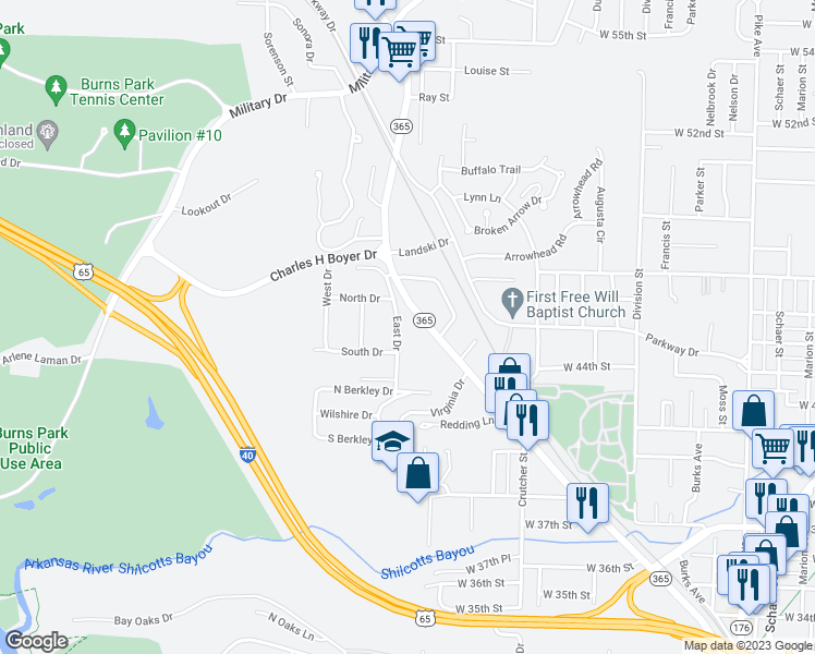map of restaurants, bars, coffee shops, grocery stores, and more near 4401 East Drive in North Little Rock