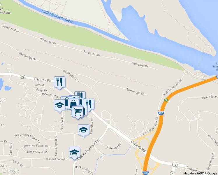map of restaurants, bars, coffee shops, grocery stores, and more near 6 Beau Rivage Court in Little Rock