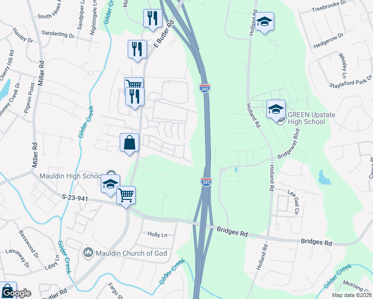 map of restaurants, bars, coffee shops, grocery stores, and more near 266 Hadley Commons Drive in Mauldin