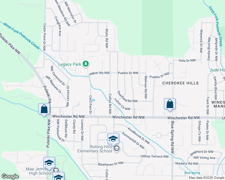 map of restaurants, bars, coffee shops, grocery stores, and more near 3118 Teton Circle Northwest in Huntsville