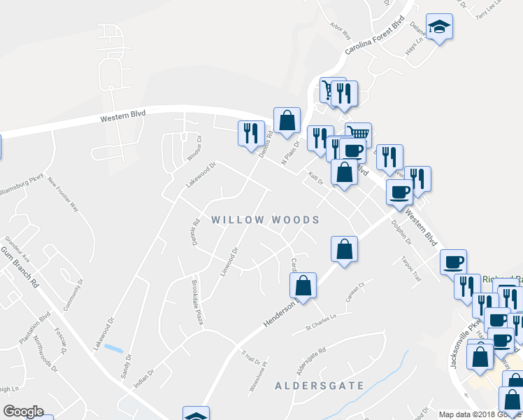 map of restaurants, bars, coffee shops, grocery stores, and more near 404 Linwood Drive in Jacksonville