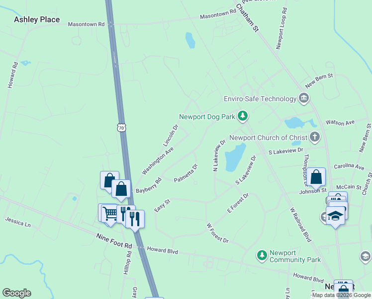 map of restaurants, bars, coffee shops, grocery stores, and more near 102 Palmetta Drive in Newport