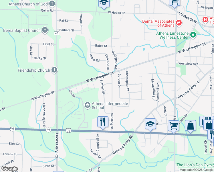 map of restaurants, bars, coffee shops, grocery stores, and more near 203 Suffield Street in Athens