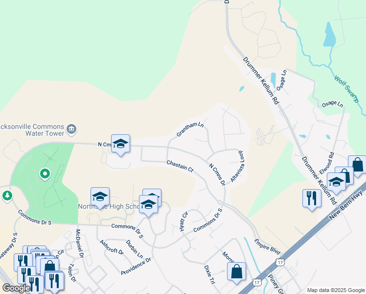 map of restaurants, bars, coffee shops, grocery stores, and more near 926 Commons Drive North in Jacksonville