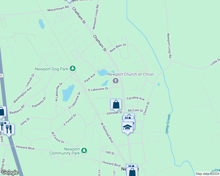 map of restaurants, bars, coffee shops, grocery stores, and more near 2108 Thompson Drive in Newport