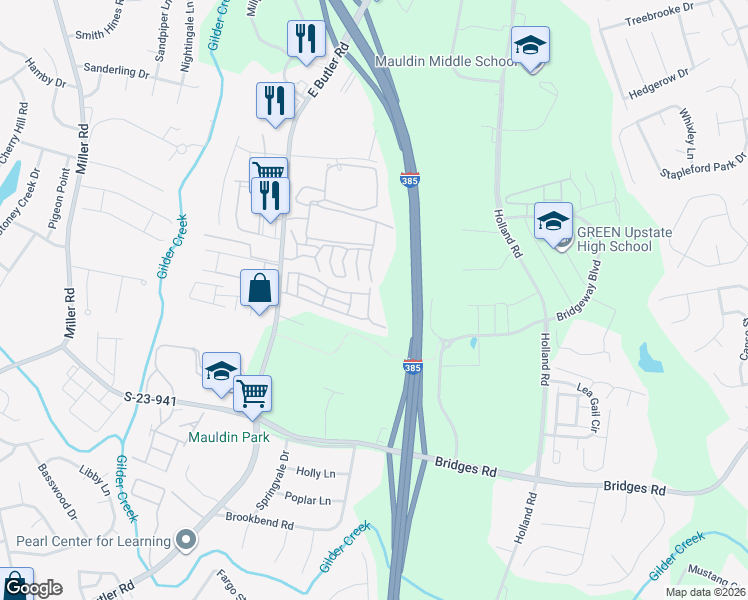 map of restaurants, bars, coffee shops, grocery stores, and more near 1311 Alexandrite Lane in Mauldin