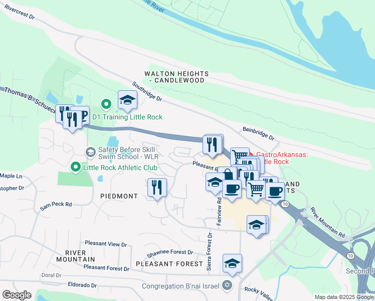 map of restaurants, bars, coffee shops, grocery stores, and more near 11700 Pleasant Ridge Road in Little Rock