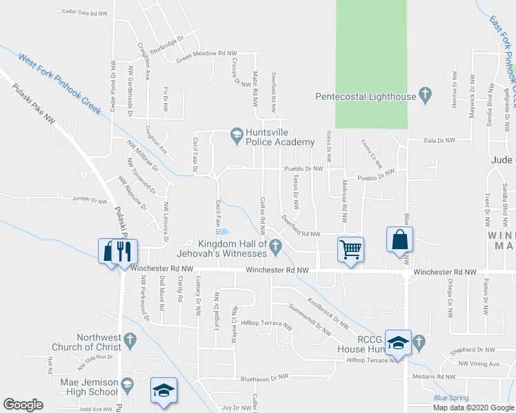 map of restaurants, bars, coffee shops, grocery stores, and more near 6101 Colfax Avenue Northwest in Huntsville