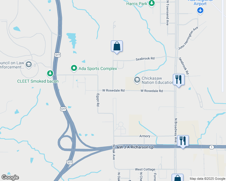 map of restaurants, bars, coffee shops, grocery stores, and more near West Rosedale Road in Ada