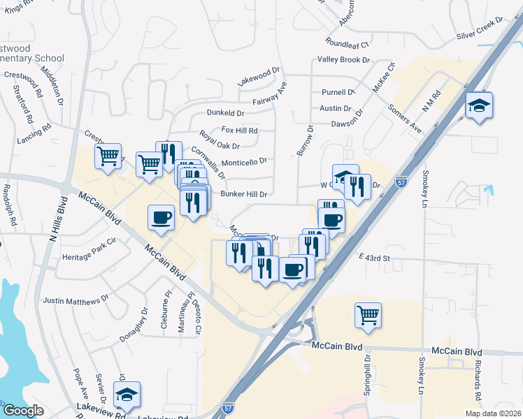 map of restaurants, bars, coffee shops, grocery stores, and more near 4209 Bunker Hill Drive in North Little Rock