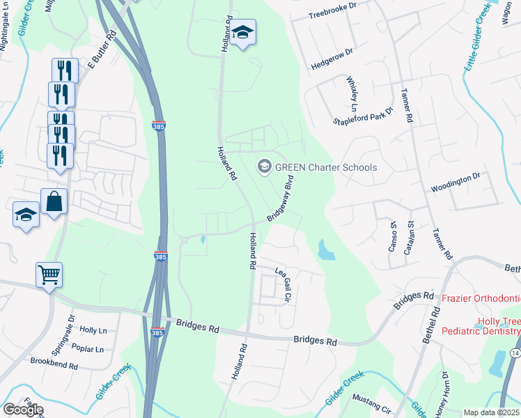 map of restaurants, bars, coffee shops, grocery stores, and more near 1074 Holland Road in Simpsonville