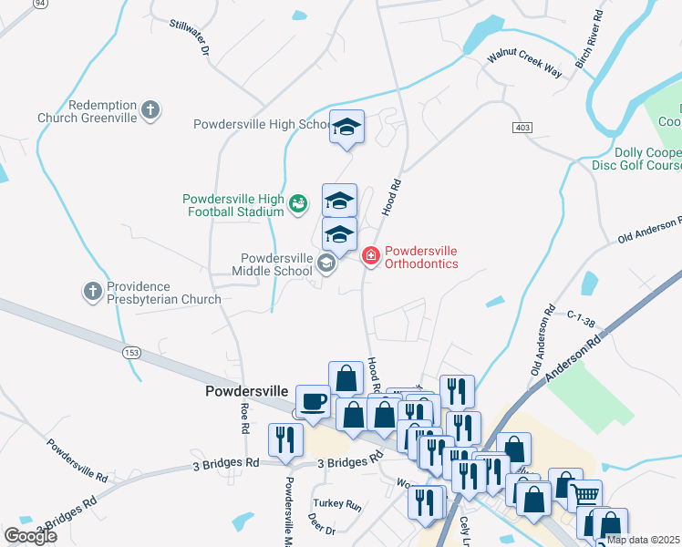 map of restaurants, bars, coffee shops, grocery stores, and more near 135 Hood Road in Greenville