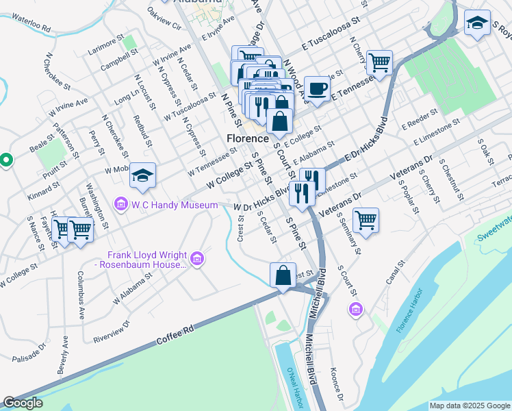 map of restaurants, bars, coffee shops, grocery stores, and more near 400 South Cedar Street in Florence