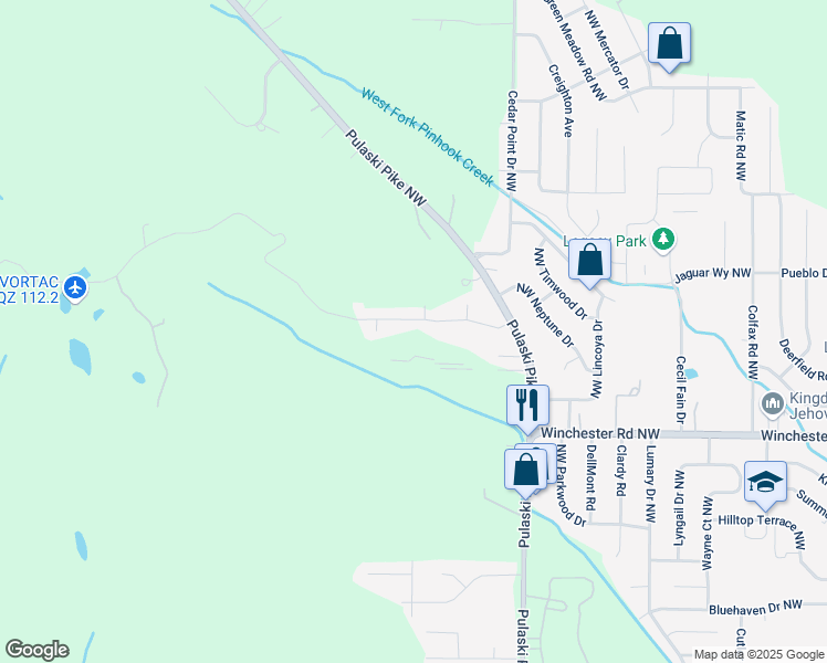 map of restaurants, bars, coffee shops, grocery stores, and more near 4100 Juniper Drive Northwest in Huntsville