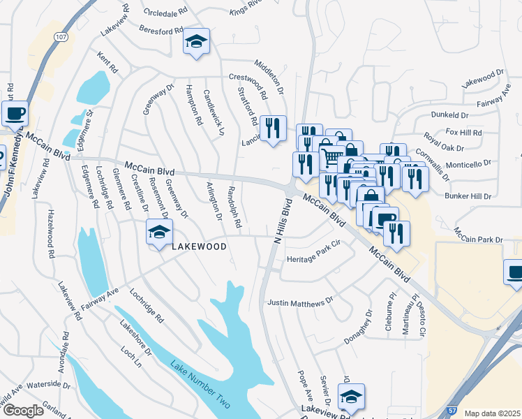 map of restaurants, bars, coffee shops, grocery stores, and more near 4645 North Hills Boulevard in North Little Rock