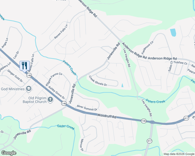map of restaurants, bars, coffee shops, grocery stores, and more near 128 Wild Meadow Drive in Simpsonville